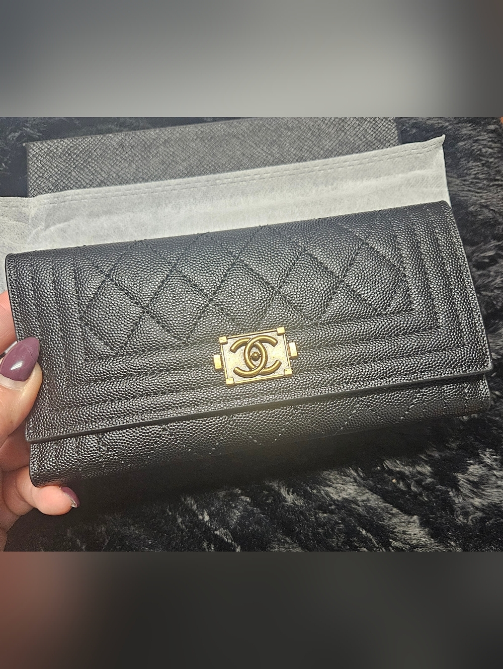 Black Quilted Caviar Leather Wallet with Gold CC Lock